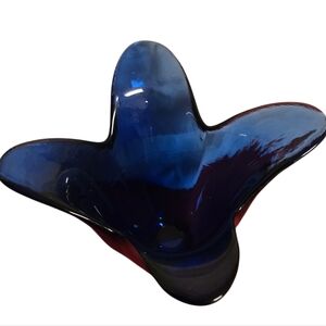 Cobalt Blue Vintage Art Glass Lotus Flower Vase Candle Holder, Made in Spain